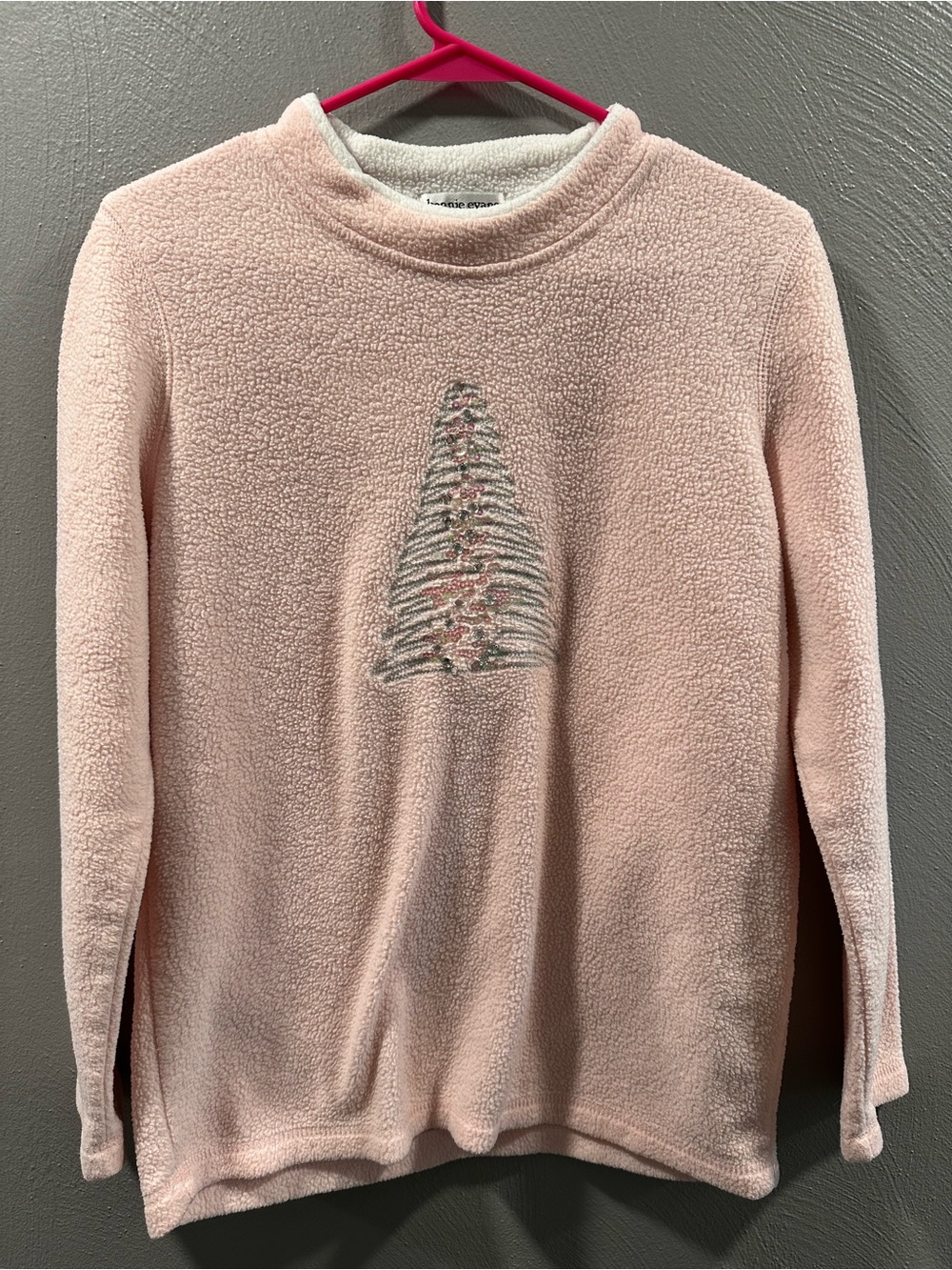 Soft Pink Plush Crew Neck Sweater with Embroidered Tree -